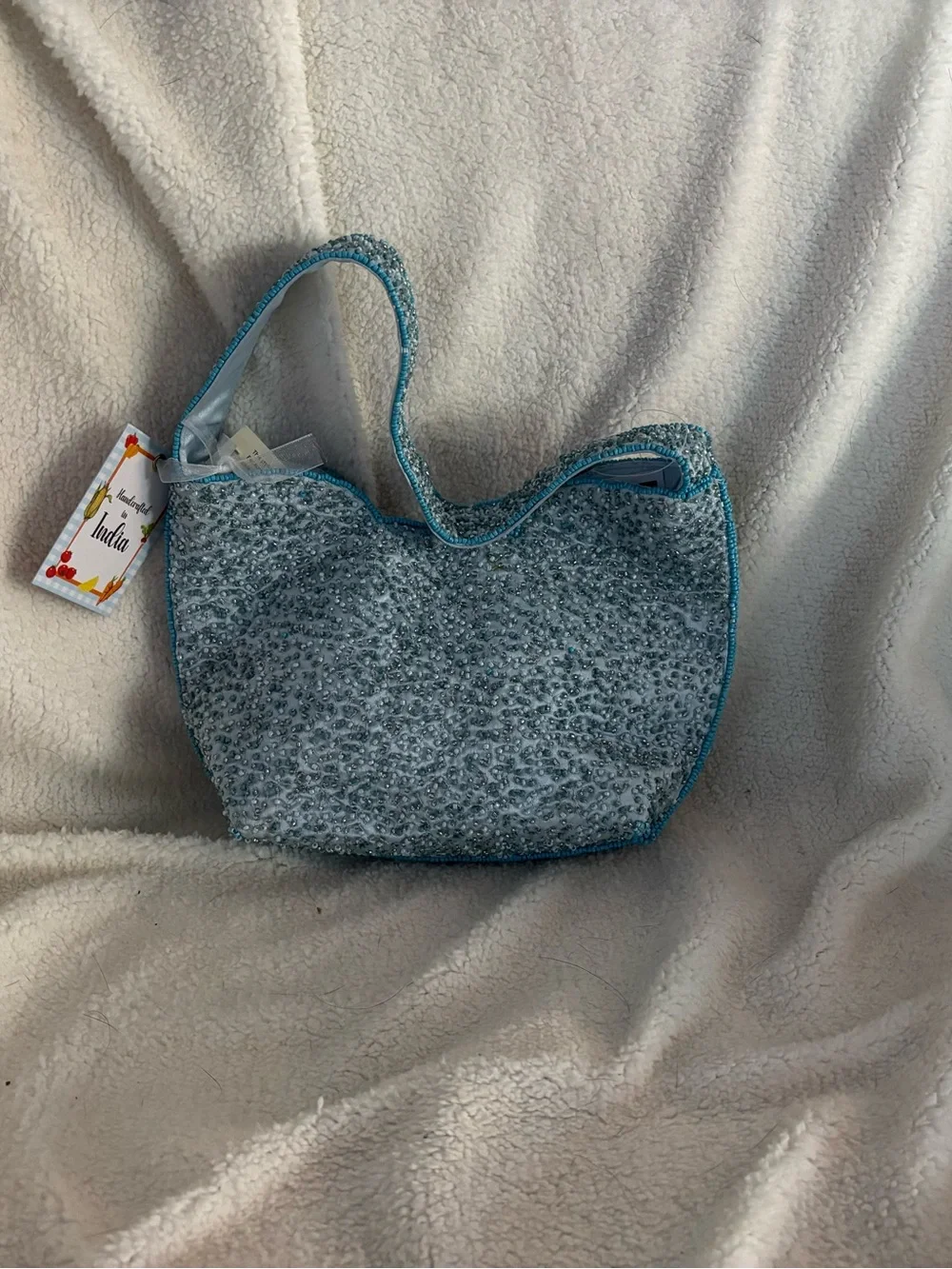 Light Blue Beaded Tote with Embroidered Floral Basket